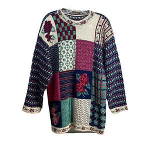 Vintage 90s Knit Patchwork Floral Checkered‎ Sweater Size L